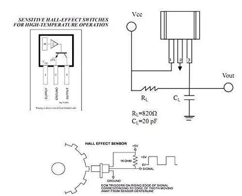 Schematic diagram of Ten Pcs A3144 Hall Effect Sensor Magnetic Detector Three Pin Switch for high-temperature operation.