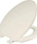 Ashland Style Elongated Wood Toilet Seat With Slow Close Secure Hinges And Quiet Operation Adjustable Front To Back For A Custom Fit Biscuit Color Made In USA Decorative Edge For Modern Bathrooms in biscuit color, angled view.