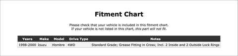 Fitment chart for Top Tier Front Shaft Universal Joint For Isuzu Hombre 1998-2000 with vehicle details.