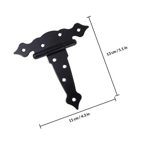 Four Pack Black Iron T Strap Shutter Hinges With Eight Screw Holes Easy To Install Heavy Duty Door Hardware dimensions and design