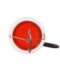 Bottom view of 2L Auxiliary Gas Tank Kit For Motorcycles And Cars With Fuel Hose And Cut Off Valve showing red cap and metal stand