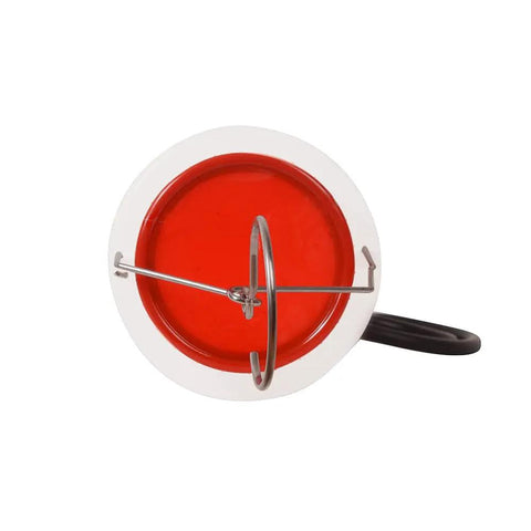 Bottom view of 2L Auxiliary Gas Tank Kit For Motorcycles And Cars With Fuel Hose And Cut Off Valve showing red cap and metal stand