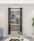 Frosted Glass Double Bi Fold Barn Doors With Black Steel Frame 48 Inch By 84 Inch Three Quarter Lites in modern living room