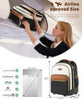 Woman placing 40L rolling travel backpack for women in airplane overhead compartment