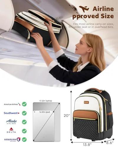 Woman placing 40L rolling travel backpack for women in airplane overhead compartment