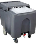 Heavy Duty Insulated Portable Ice Caddy With Sturdy Sliding Lid Keeps Your Drink Stash Locked Down Cold For Backyard Bash Events Or Weekend Tailgates with ice inside, grey poly shell, and wheeled design.