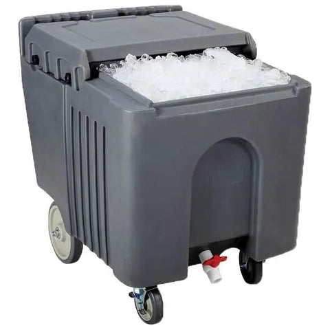 Heavy Duty Insulated Portable Ice Caddy With Sturdy Sliding Lid Keeps Your Drink Stash Locked Down Cold For Backyard Bash Events Or Weekend Tailgates with ice inside, grey poly shell, and wheeled design.