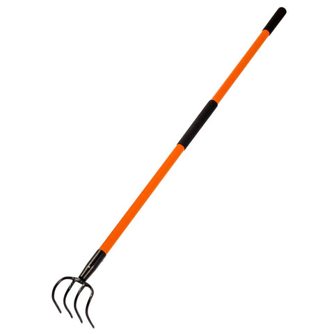 Heavy Duty Garden Cultivator With 4 Tines And Fiberglass Handle, 58 Inch Steel Forged Head, orange fiberglass handle