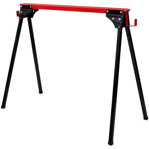 Heavy Duty Foldable Sawhorses 2 Pack 1000 Lb Weight Capacity Steel Work Stands with red top and black legs for woodworking tasks.