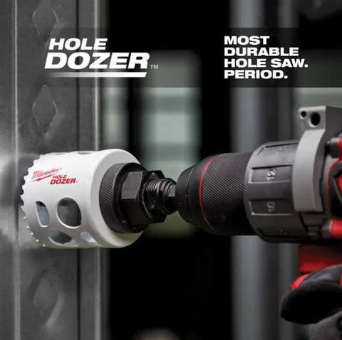 Hole Dozer bi-metal hole saw, 2-1/2 in, mounted on a drill