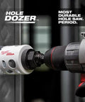 Installed Milwaukee 4-1/8-inch ice-hardened hole saw on a drill