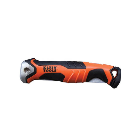 Side view of Klein Tools 31737 folding jab saw with orange and black plastic handle and visible metal blade