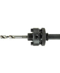 Klein Tools 31906 hole saw arbor with pins, 7/16 in, black metal with hex shank, side view.