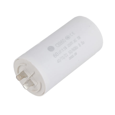 60uF 250V Motor Run Capacitor For Washers, Pumps And Air Compressors, close-up of cylindrical case and terminals
