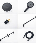 Premium Wall Mounted Shower System Complete Bathroom Faucet Kit Featuring Rain Head And Handheld Sprayer, Five Meter Hose, Solid Valve Core, Kick Back Relaxation Ready, No Sweat Install And Crisp Water Flow components arranged in a grid layout.