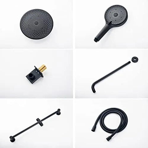 Premium Wall Mounted Shower System Complete Bathroom Faucet Kit Featuring Rain Head And Handheld Sprayer, Five Meter Hose, Solid Valve Core, Kick Back Relaxation Ready, No Sweat Install And Crisp Water Flow components arranged in a grid layout.