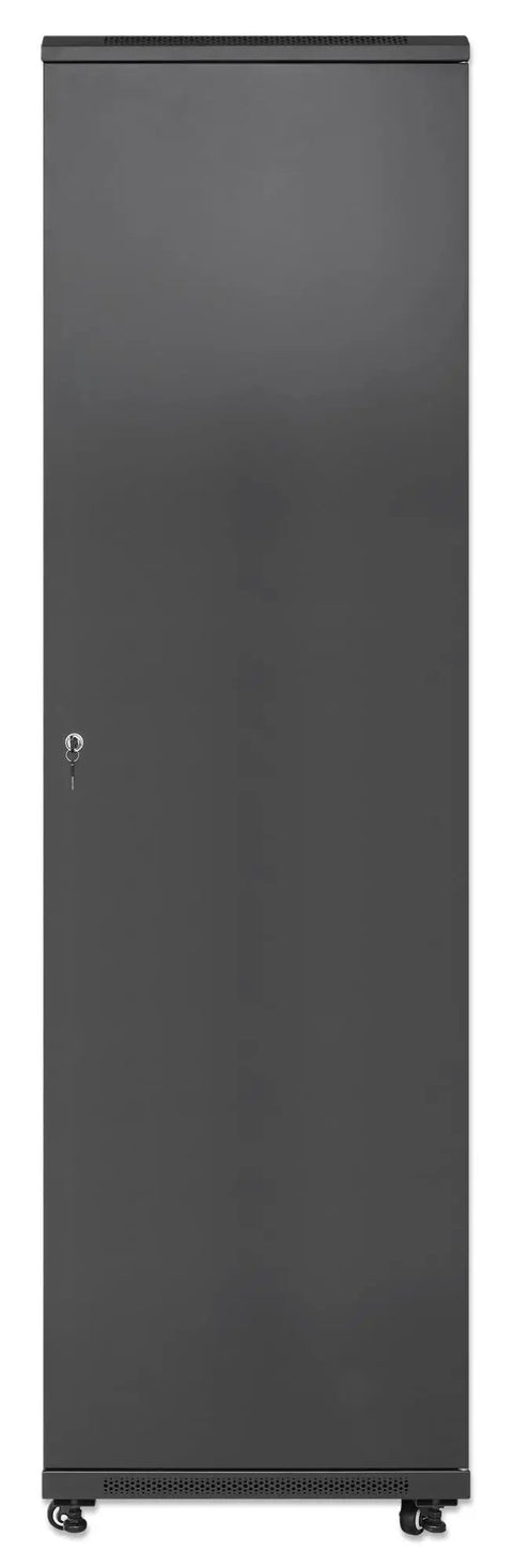 Badass Heavy Duty 42U Floor Standing Network Server Rack Cabinet With Dual Roof Mounted Cooling Fans, front view, SPCC steel, secure storage solution.