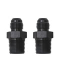 Built Different Straight 6AN Male Flare To 3/8 NPT Pipe Fitting Adapter Crafted From Lightweight Aircraft Grade Aluminum With Dope Black Anodized Finish For Seamless Fluid System Hookups. Two black aluminum fittings.