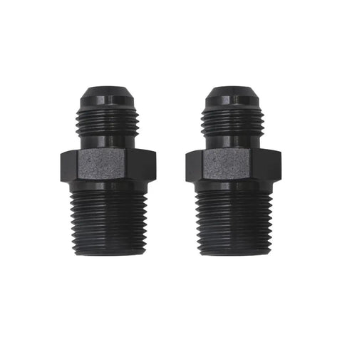 Built Different Straight 6AN Male Flare To 3/8 NPT Pipe Fitting Adapter Crafted From Lightweight Aircraft Grade Aluminum With Dope Black Anodized Finish For Seamless Fluid System Hookups. Two black aluminum fittings.