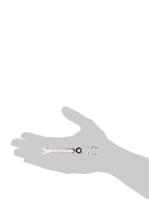 12 Point Stubby Reversible Ratcheting Wrench, Combo Design Built For Tight Spaces, One Quarter Inch Drive shown in hand scale