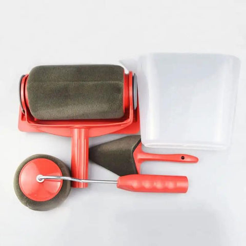 Pro Level Diy Paint Roller And Brush Set With Soft Grip Handle And Precision Flocked Edger For Effortless Interior Painting Tasks That Roll Smooth With Zero Sweat And Hassle Free Finish, featuring a red paint roller, edger, and paint tray.