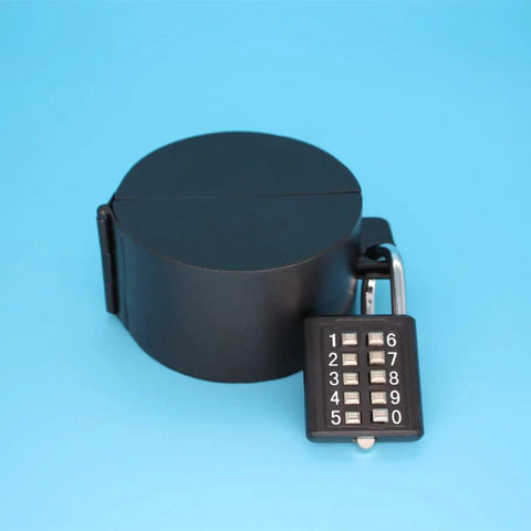 Front view of TEMEILI door knob lockout device, black metal with padlock; prevents knob turning and keyhole access.