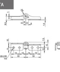 Stainless steel damping hinge schematic with dimensions; DTB left-right, 0.8 N·m torque, front and side views