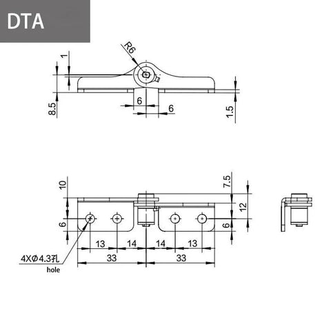 Stainless steel damping hinge schematic with dimensions; DTB left-right, 0.8 N·m torque, front and side views