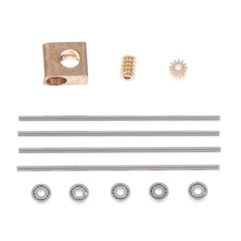 Compact Brass Worm Gearbox 90 Degree Right Angle Drive 12 To 1 Reduction 0.2 Module components including brass and steel rods.