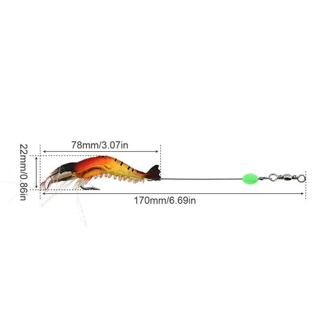 Five Piece Soft Luminous Shrimp Lure Set With Hooks And Beads Glow In The Dark Silicone Shrimp Baits for Night Fishing with dimensions