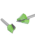 Solid 1/4 Inch Cleaning Bottom Router Bit For Flattening Wood Milling And Plowing Projects With Straight Flute Design For Clean Surfaces On Plywood And MDF, showcasing two router bits with green carbide tips.