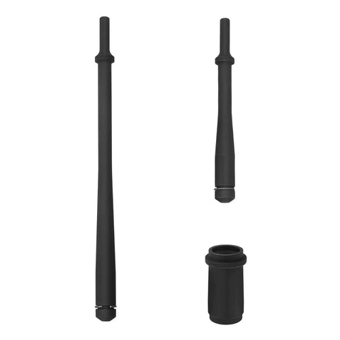 Heavy Duty Pneumatic Anchor Pin Bushing Driver Kit for Trucks and Trailers One And Three Eighths Inch Pins Removal And Installation Eleven And A Half Inch Drive Beefed Up Long And Short Drivers For Quick Safe Leaf Spring Bushing Service showing long and short drivers with bushing