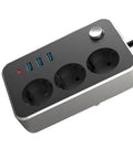 Heavy Duty 3 Outlet Extension Cord Surge Protector With 3 Fast Charge Ports Built Tough Flame Resistant Housing, top view with sockets.
