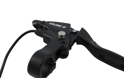 Close-up of ergonomic E Bike Brake Lever With Locking Button for electric bicycle and e scooter, waterproof wire connection visible.