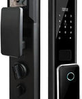Rock Solid Smart Digital Door Lock With Lightning Fingerprint Scan Pin Code Input, sleek black aluminum body with fingerprint scanner and keypad.