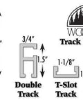 Illustration of different track dimensions including Ruler Bar, Ultra Track, Double Track, T-Slot Track, and One Track.