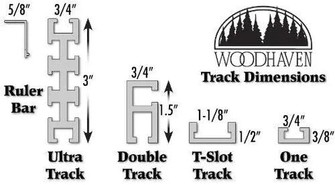 Illustration of different track dimensions including Ruler Bar, Ultra Track, Double Track, T-Slot Track, and One Track.