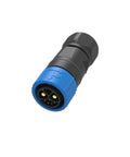 Rock Solid M23 8 Pin Waterproof Wire Connector IP67 Rated showing black and blue circular aviation plug with yellow pins.