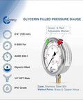 Glycerin Filled 3000 PSI Pressure Gauge With Large 4 Inch Dial, 1 Quarter NPT Lower Mount, 304 Stainless Steel Case visible features.