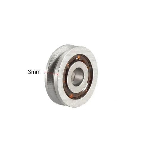 Rock-Solid 623VV V-Groove Ball Bearings at 3X10X3MM size shown from the side with a 3mm thickness for guide pulleys.