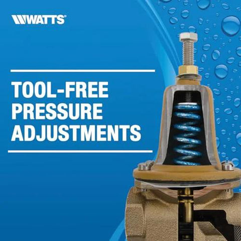 Watts LF25AUB-Z3 water pressure reducing valve with NPT female unions, 3/4 inch, polymer seat, brass body, front view