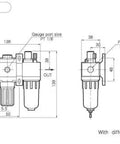 Diagram of Mini Three-Unit Air FRL Combo for Pneumatic Systems, featuring dimensions and manual drain