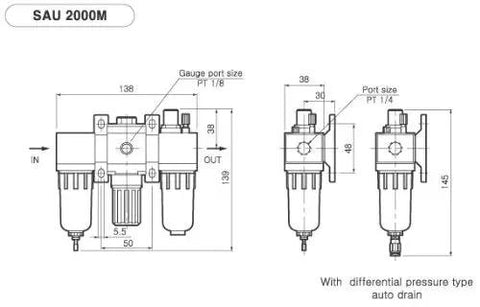 Diagram of Mini Three-Unit Air FRL Combo for Pneumatic Systems, featuring dimensions and manual drain