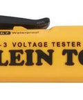 Non Contact Voltage Tester Pen With Dual Range Detection Reads 12 To 1000 Volts AC Visual Bar Graph And Audible Alerts Bright Built In Led Flashlight For Hands Free Illuminating Work Areas, yellow pen with black clip and KLEIN TOOLS branding.