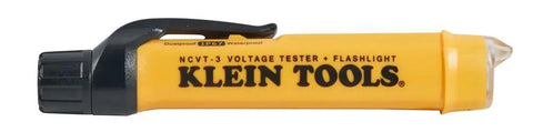 Non Contact Voltage Tester Pen With Dual Range Detection Reads 12 To 1000 Volts AC Visual Bar Graph And Audible Alerts Bright Built In Led Flashlight For Hands Free Illuminating Work Areas, yellow pen with black clip and KLEIN TOOLS branding.