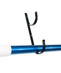 Two Pack Heavy Duty Black Aluminum Pool Pole Hangers With Screws Sturdy Hooks holding a blue telescopic pole