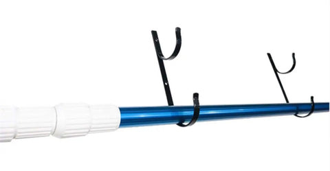 Two Pack Heavy Duty Black Aluminum Pool Pole Hangers With Screws Sturdy Hooks holding a blue telescopic pole