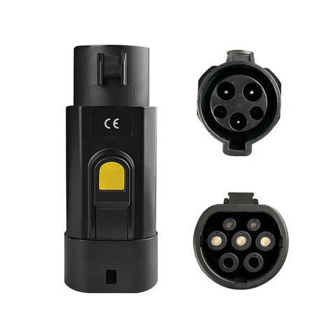 Plug And Play Type 1 To Type 2 EV Charging Adapter J1772 To IEC62196 Supports 32A, black plastic with connector details for easy use.