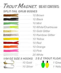 Image of Trout Magnet kit showing split-tail grub bodies, hooks, and floats included in the 142-Piece Trout Fishing Gear Kit.