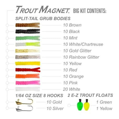 Image of Trout Magnet kit showing split-tail grub bodies, hooks, and floats included in the 142-Piece Trout Fishing Gear Kit.